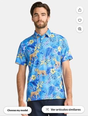 Birdie Bound Men's Blue Tropical Polo with Leopard and Floral Print Sz 2XL